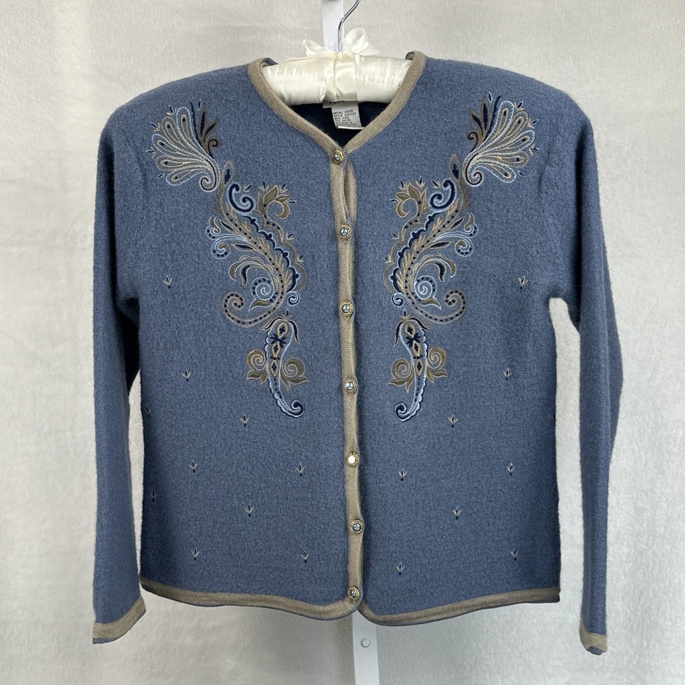 Vintage Koret Embroidered Cardigan Blue Gold Boho Grandma Chic Petite